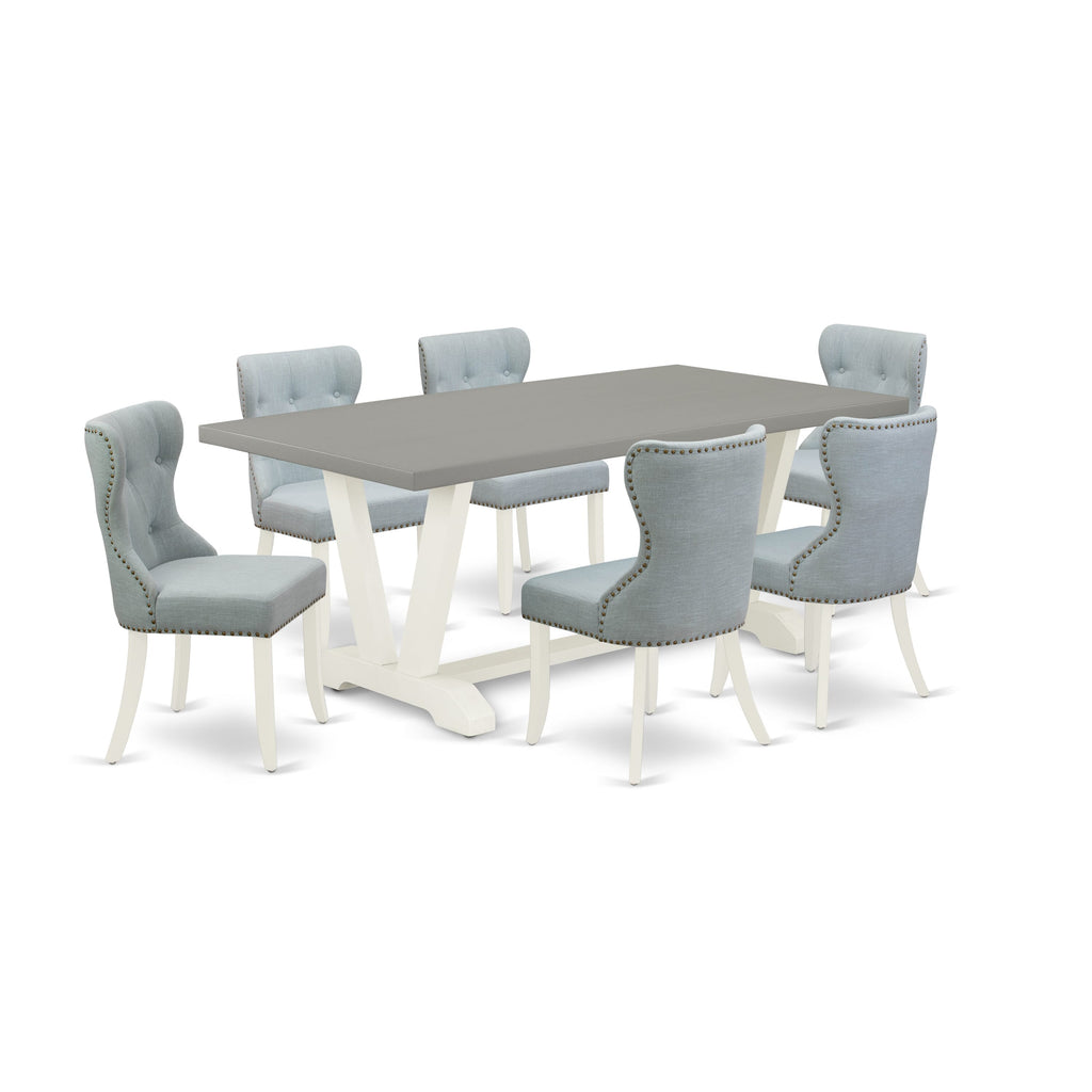 V097SQJHN-D 7-Piece Set Rectangular Table with V-Legs & 6 Blue Linen Parsons Chairs, 40x72