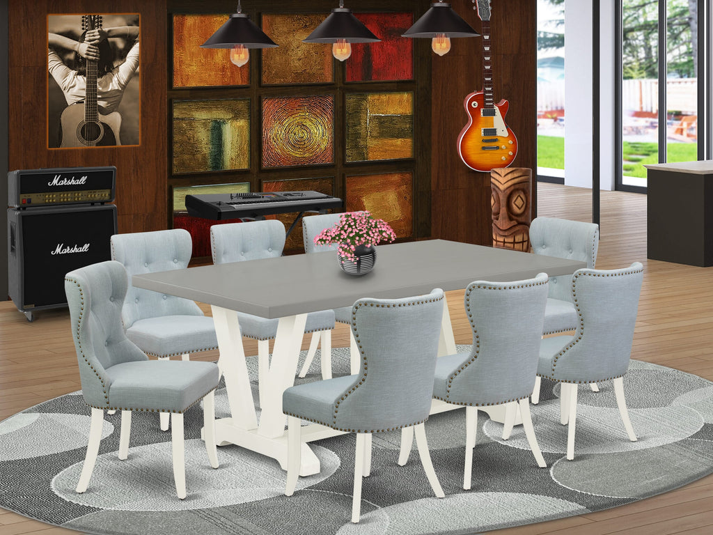 V097SLIFM-X 9-Piece Dining Set Rectangular Table with Stylish V-Legs and Baby Blue Linen Chairs Ensemble