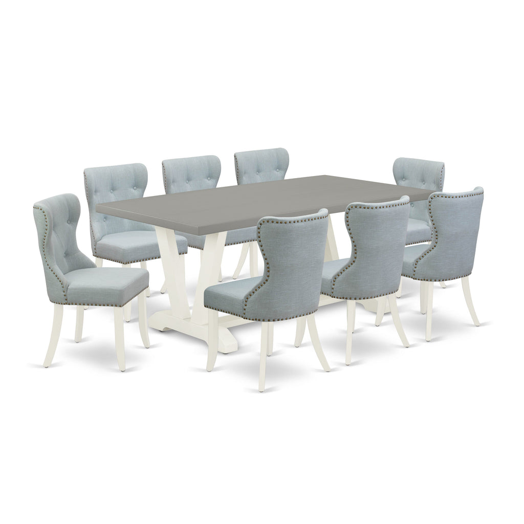 V097SLIFM-X 9-Piece Dining Set Rectangular Table with Stylish V-Legs and Baby Blue Linen Chairs Ensemble