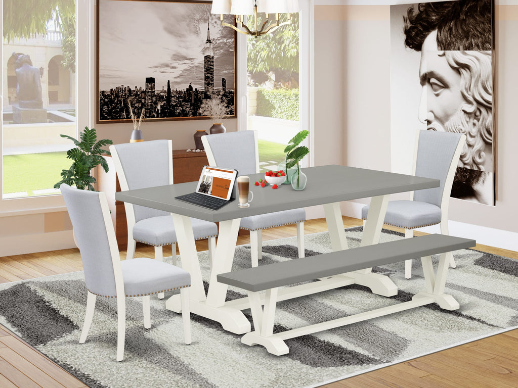 V097VBNNU-3 6-Piece Rectangle Dining Set with V-Legs, Grey Upholstery and Bench, 40x72