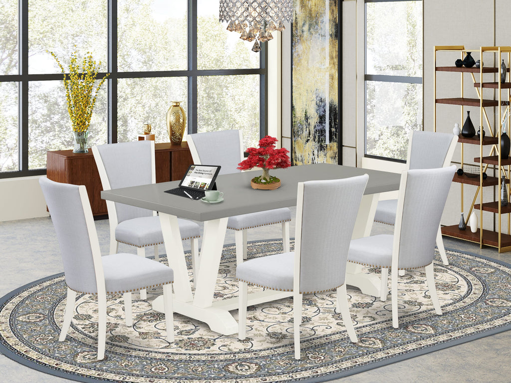 V097VI0X7-T 7-Piece Dining Ensemble with Rectangular V-Leg Table and Grey Upholstered Chairs, 40x72 Inches, Multi-Color