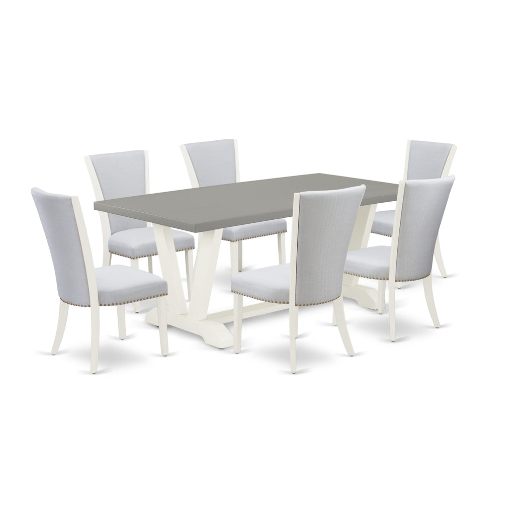 V097VI0X7-T 7-Piece Dining Ensemble with Rectangular V-Leg Table and Grey Upholstered Chairs, 40x72 Inches, Multi-Color