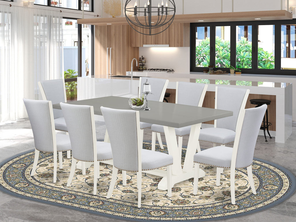 V097VFNWE-R 9 Piece Dining Ensemble with Rectangular Wood Table & V-Style Legs, Plus 8 Grey Linen Chairs