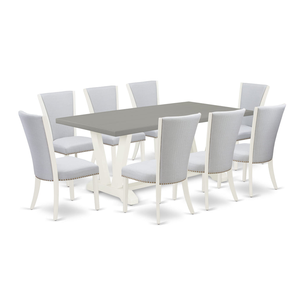 V097VFNWE-R 9 Piece Dining Ensemble with Rectangular Wood Table & V-Style Legs, Plus 8 Grey Linen Chairs