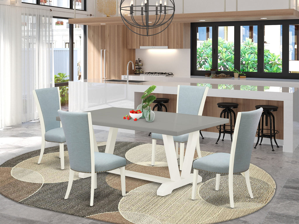 V097V6OG1-Z 5-Piece Dining Set Rectangular Table with V-Legs and 4 Blue Parsons Chairs, 40x72 Multicolor