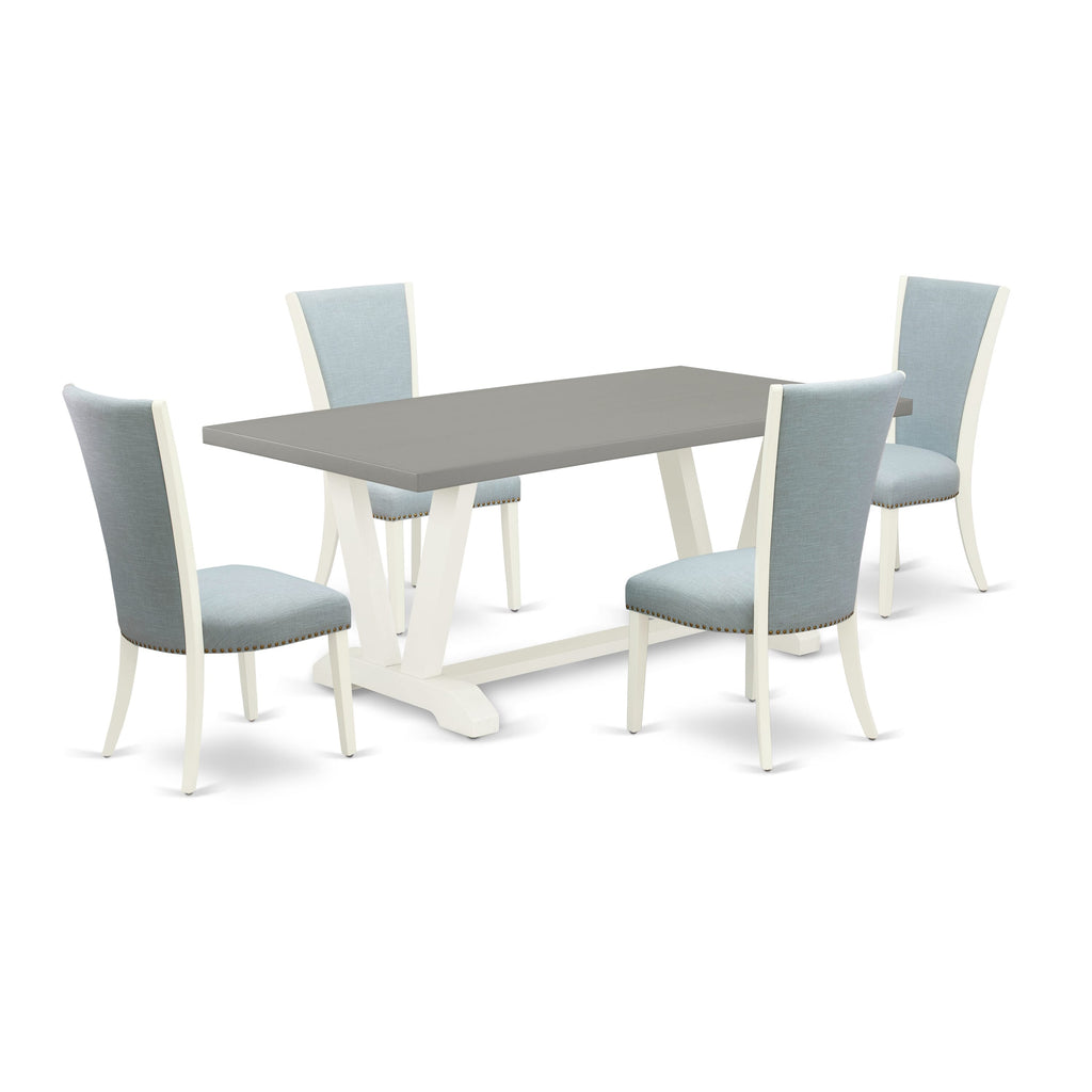 V097V6OG1-Z 5-Piece Dining Set Rectangular Table with V-Legs and 4 Blue Parsons Chairs, 40x72 Multicolor