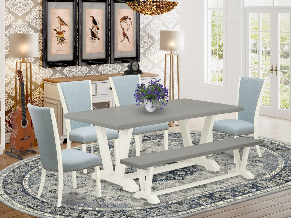 Dining Ensemble V097VF7HS-U 6-Piece Set with V-Leg Table, Blue Linen Chairs & Bench, 40x72, Multi-Color