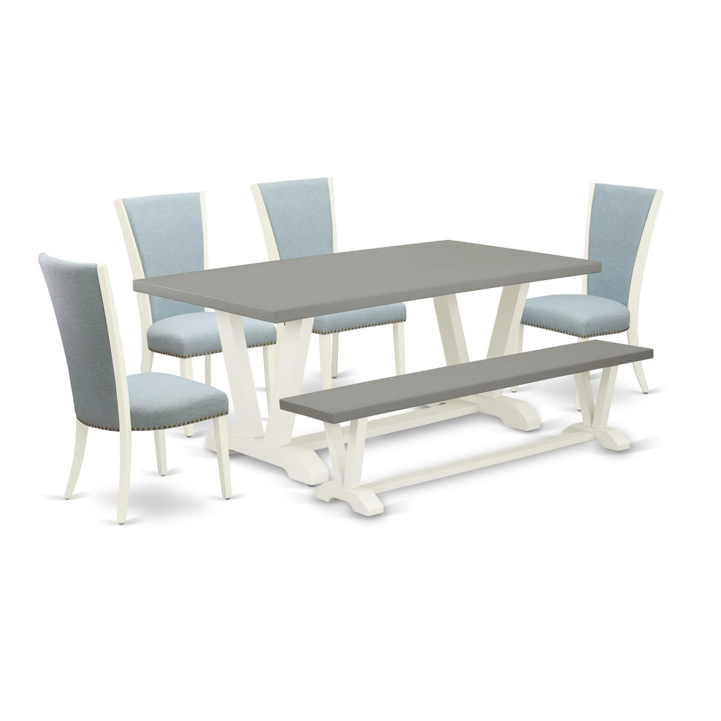Dining Ensemble V097VF7HS-U 6-Piece Set with V-Leg Table, Blue Linen Chairs & Bench, 40x72, Multi-Color