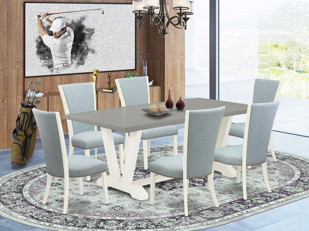 V097V2O5C-8 Chic Rectangle Dining Set Table with V-Frame and Six Upholstered Blue Chairs, 40x72