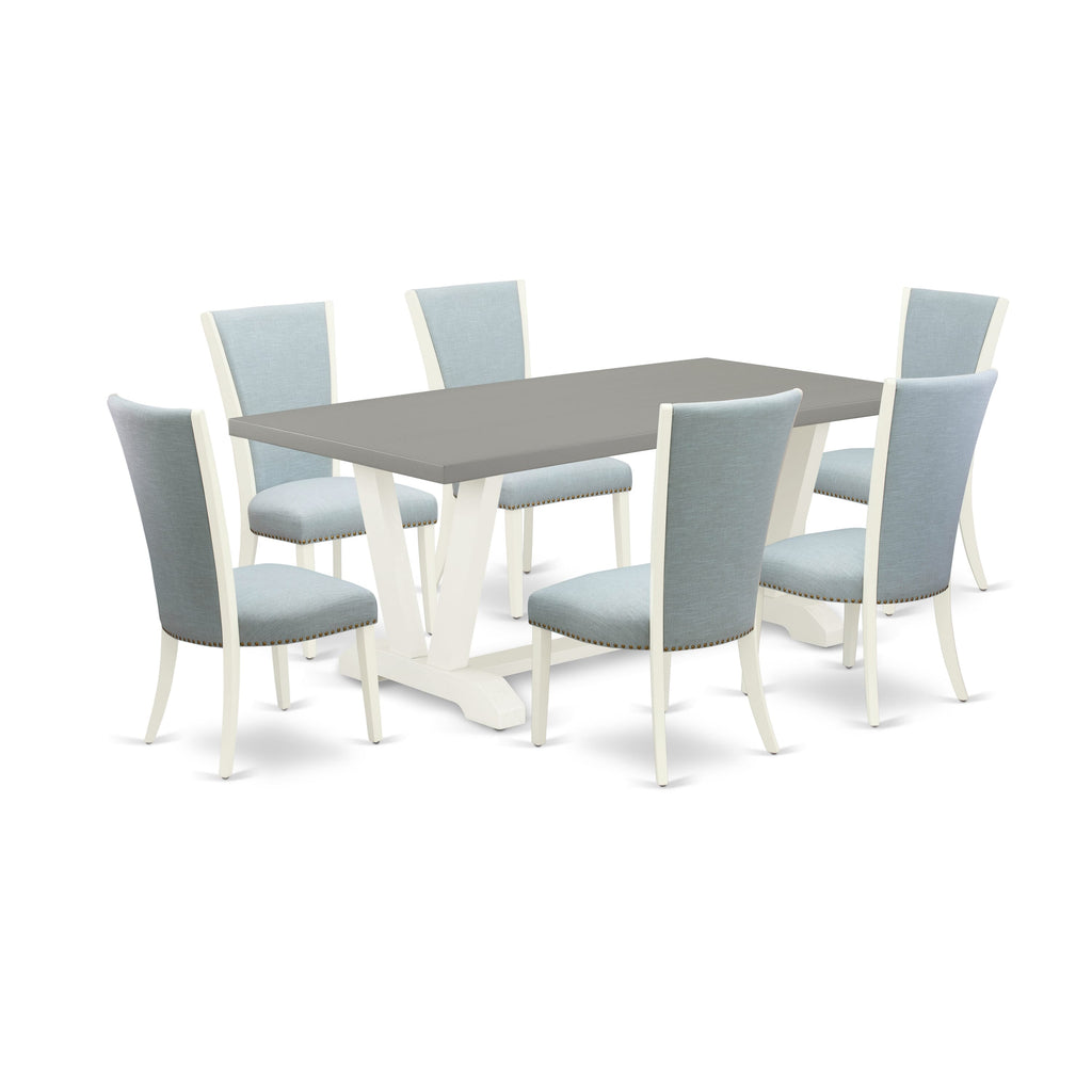 V097V2O5C-8 Chic Rectangle Dining Set Table with V-Frame and Six Upholstered Blue Chairs, 40x72