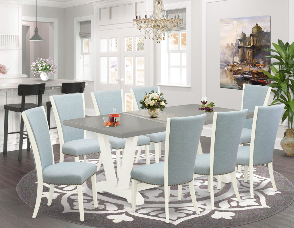 V097VKEWW-H Elegant 9-Piece Dining Ensemble with V-Leg Table and 8 Luxe Blue Parson Chairs