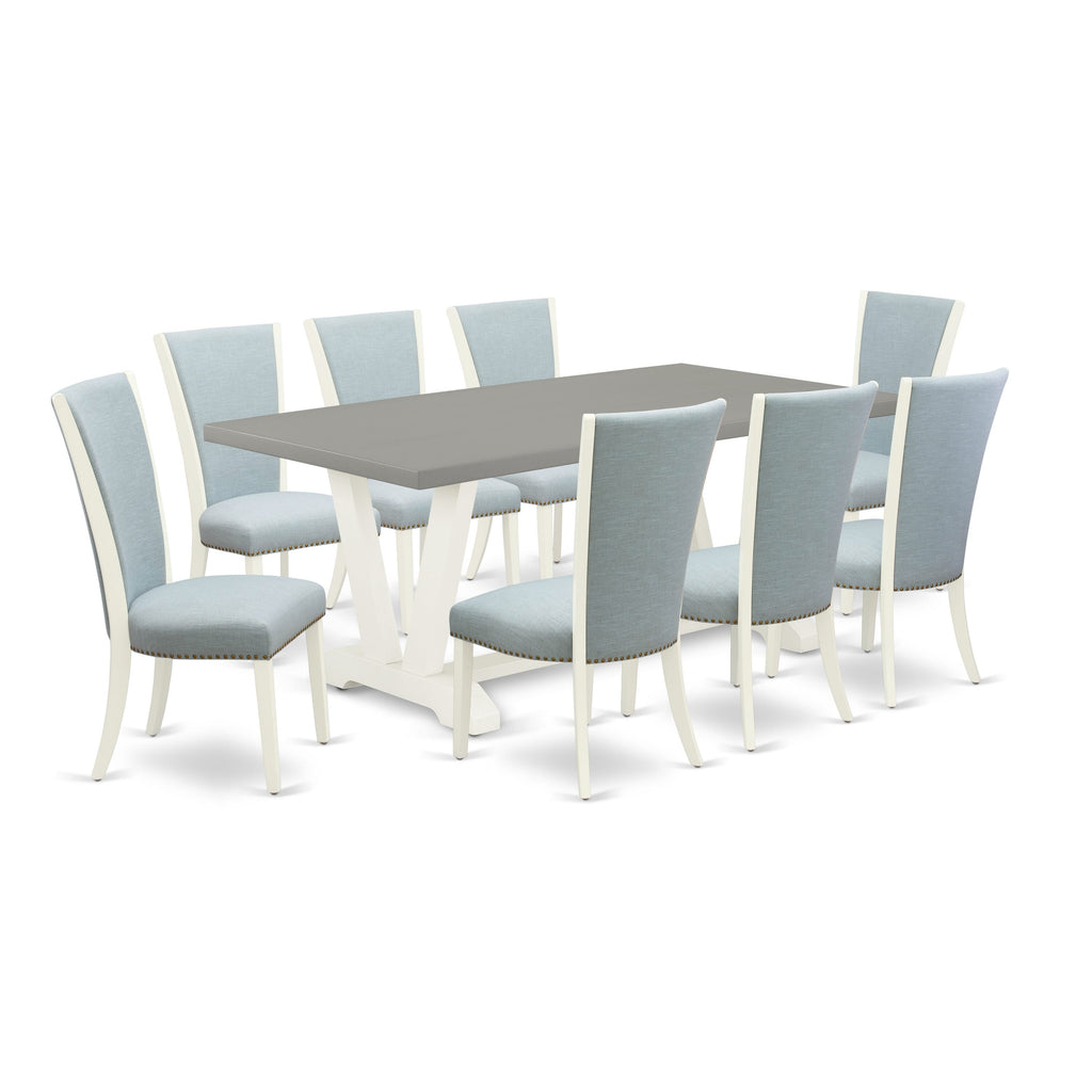 V097VKEWW-H Elegant 9-Piece Dining Ensemble with V-Leg Table and 8 Luxe Blue Parson Chairs