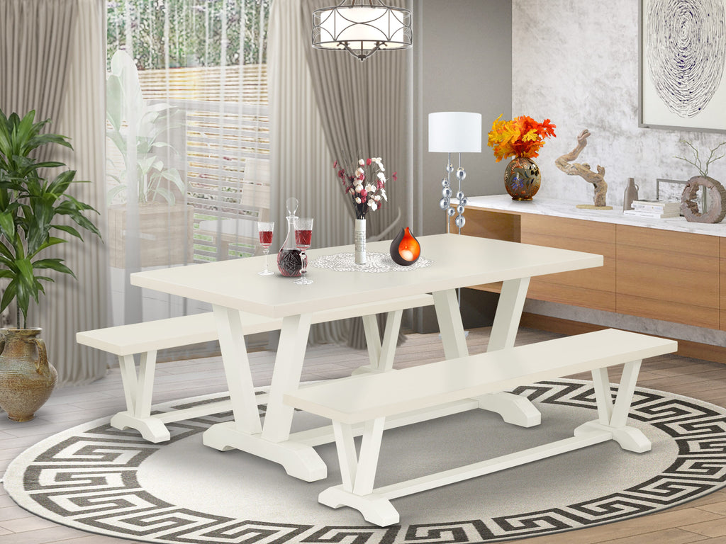 V2-02L 3-Piece Rectangle Table Ensemble with V-Leg Design and Dual Benches, 40x72, Multi-Finish