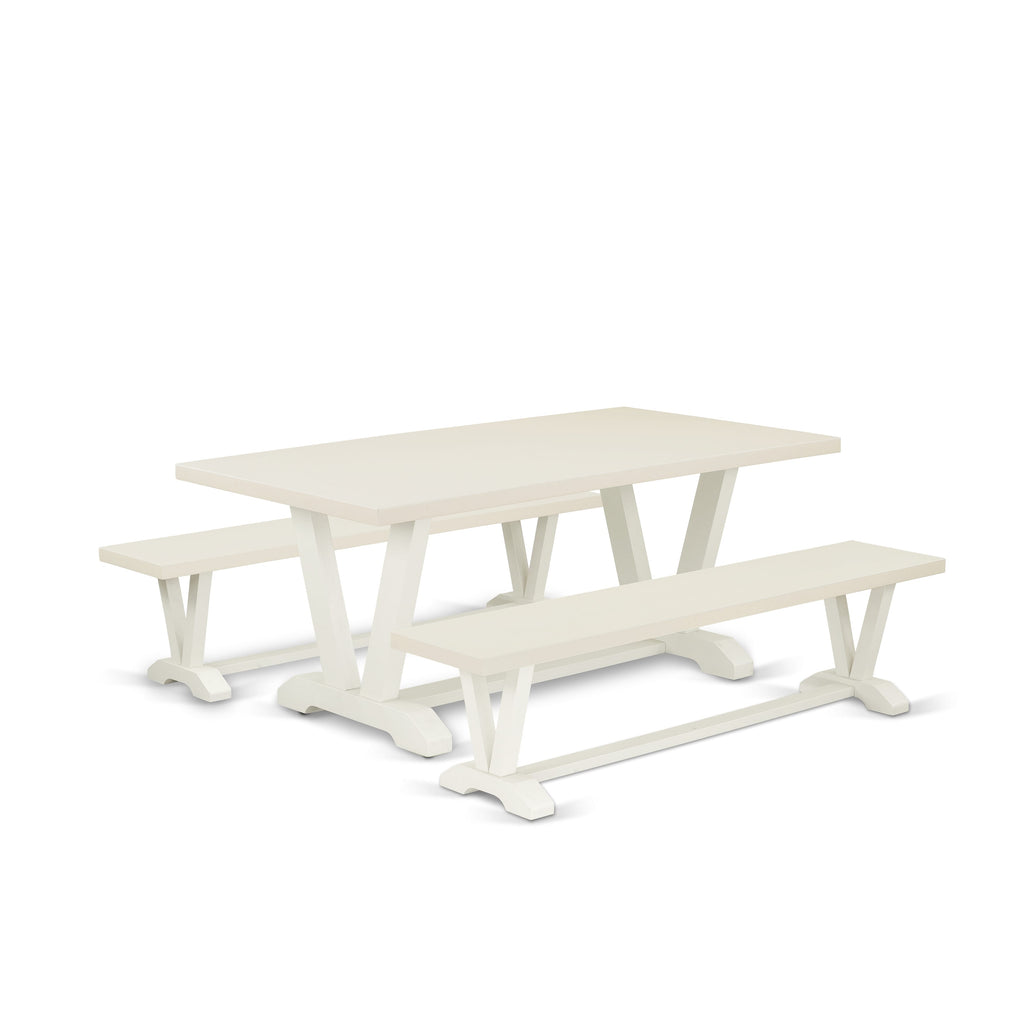 V2-02L 3-Piece Rectangle Table Ensemble with V-Leg Design and Dual Benches, 40x72, Multi-Finish