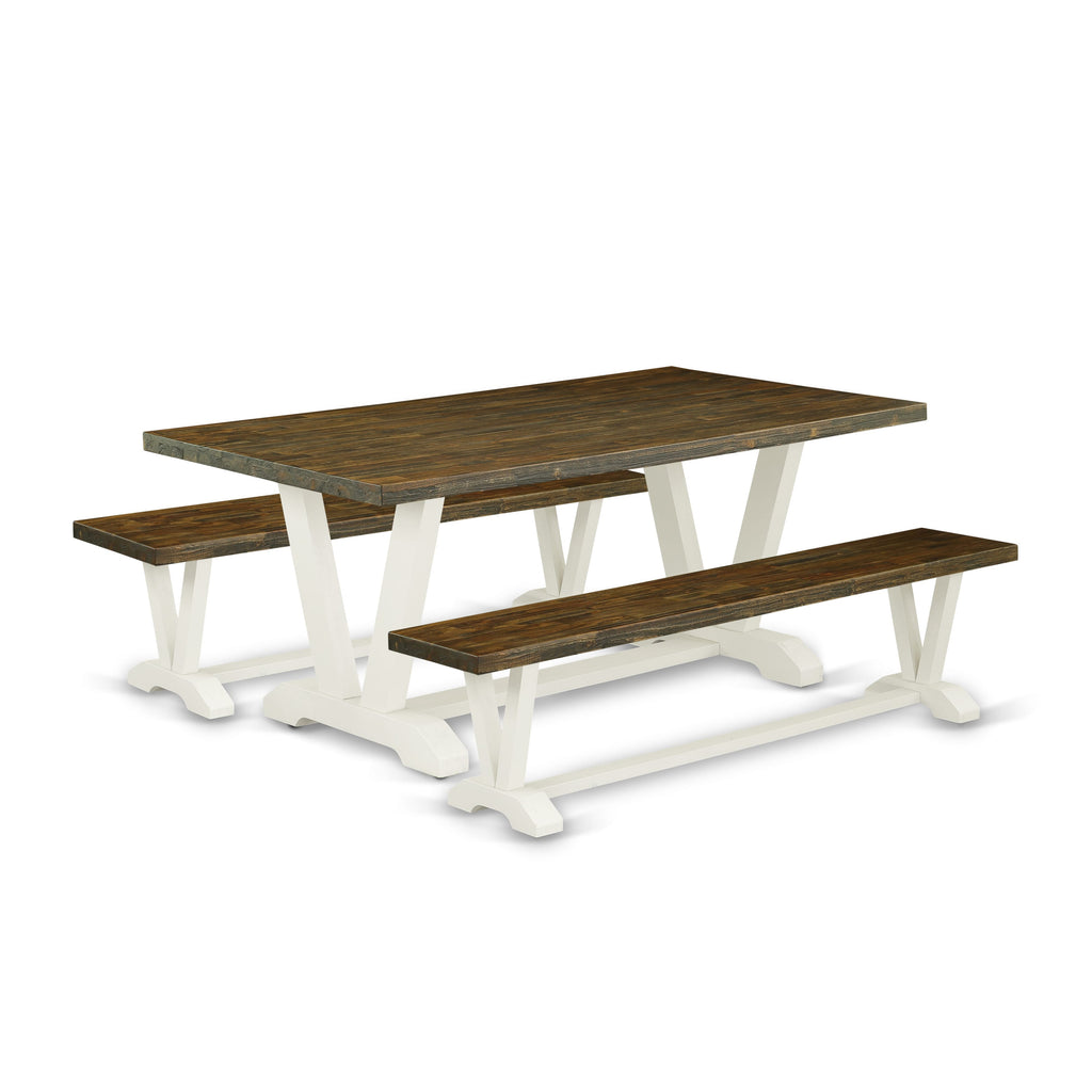 V2-077 3-Piece Dining Ensemble with V-Leg Table and Dual Benches, Multi-Color, 40x72 Size