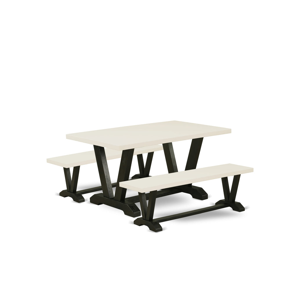 V2-622 3-Piece Dining Set Rectangular Table with V-Legs and Two Benches, 36x60 Inch, Multi-Hues
