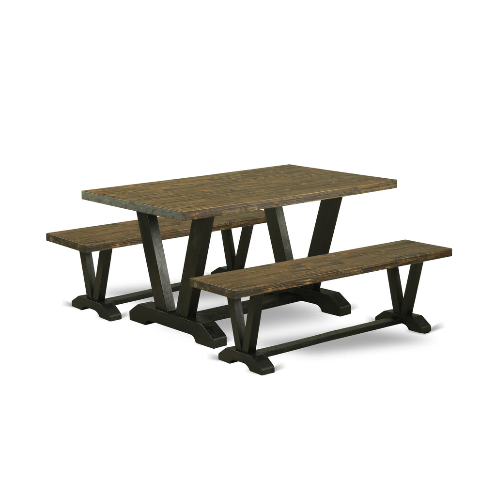 V2-67S Compact 3-Piece Dining Ensemble Rectangle Table with V-Legs & Dual Benches, Multi-Hued