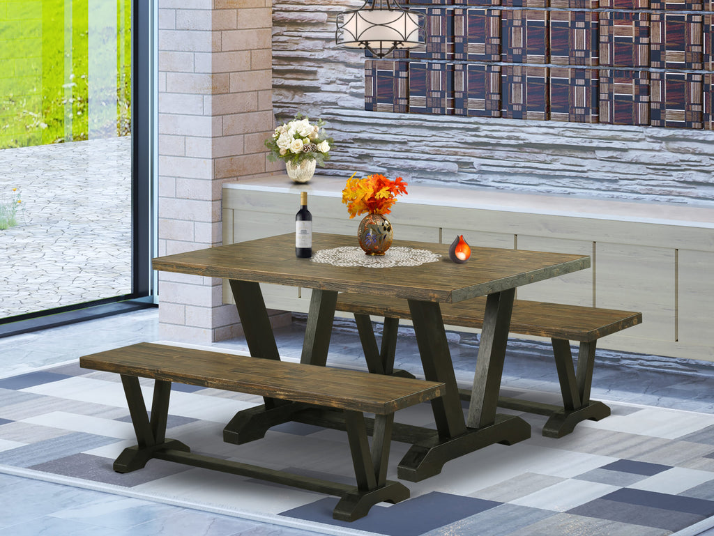 V2-67S Compact 3-Piece Dining Ensemble Rectangle Table with V-Legs & Dual Benches, Multi-Hued