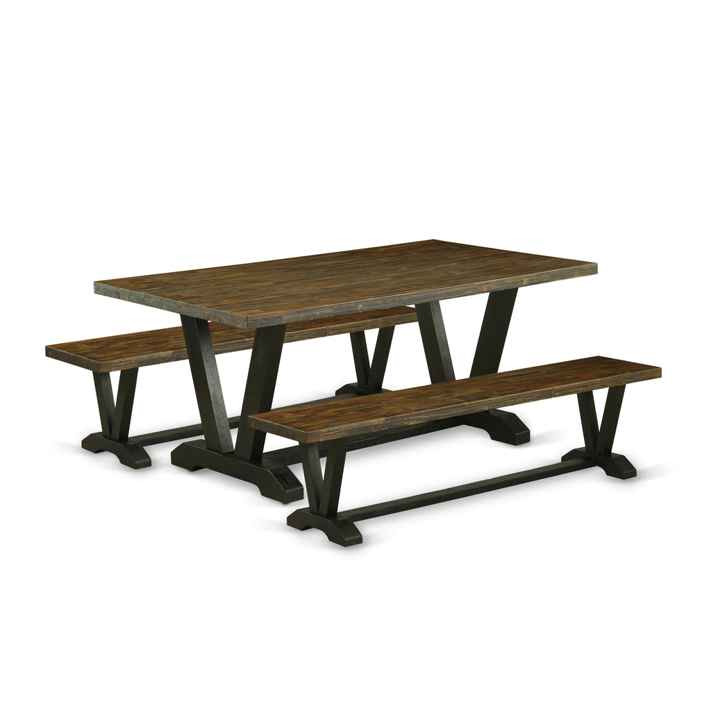 V2-67J Dining Ensemble with V-Legs Table & Benches – 3 Piece Set, 40x72 inches, Multi-Toned