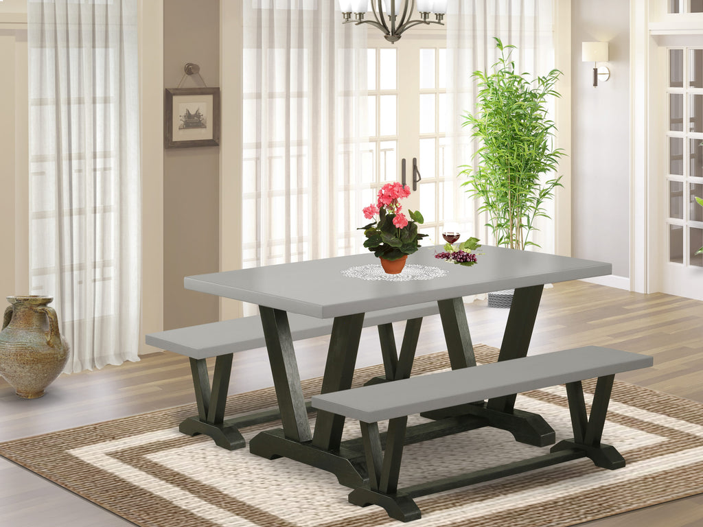 V2-694 3 Piece Dining Ensemble Rectangular Table & Benches for Compact Kitchens, 36x60 Inch, Multi-Tone Design