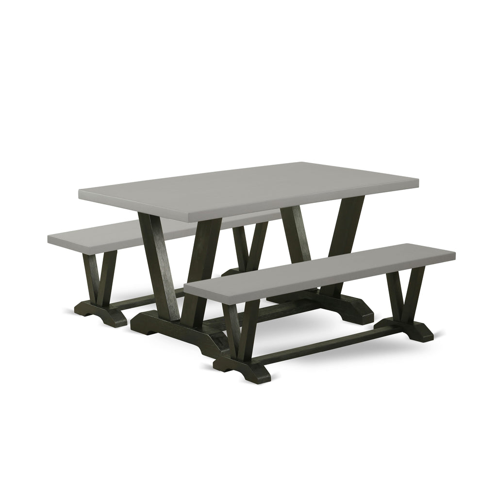 V2-694 3 Piece Dining Ensemble Rectangular Table & Benches for Compact Kitchens, 36x60 Inch, Multi-Tone Design