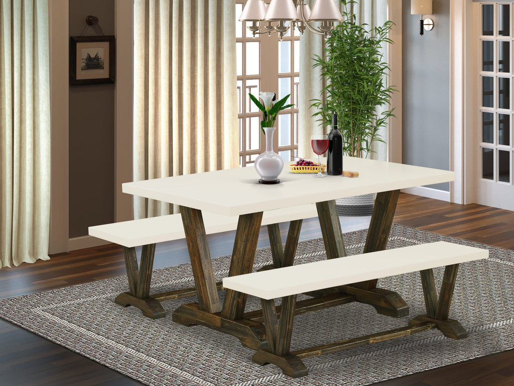 V2-723 Compact Dining Set with V-Legged Rectangular Table and Two Benches for Cozy Spaces, 36x60 Multi-Color Delight