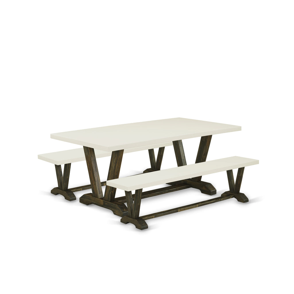 V2-724 3 Pc Compact Dining Ensemble Rectangular Table, V-Leg Design, & Dual Benches, Multi-Tone