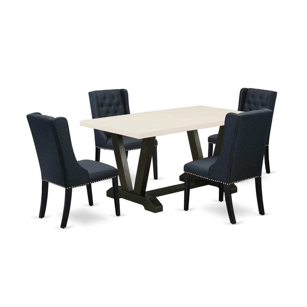 V626FOXTM-Y 5 Pc Dining Set Rectangular Table with V-Legs & 4 Black Linen Parson Chairs, 60 x 36
