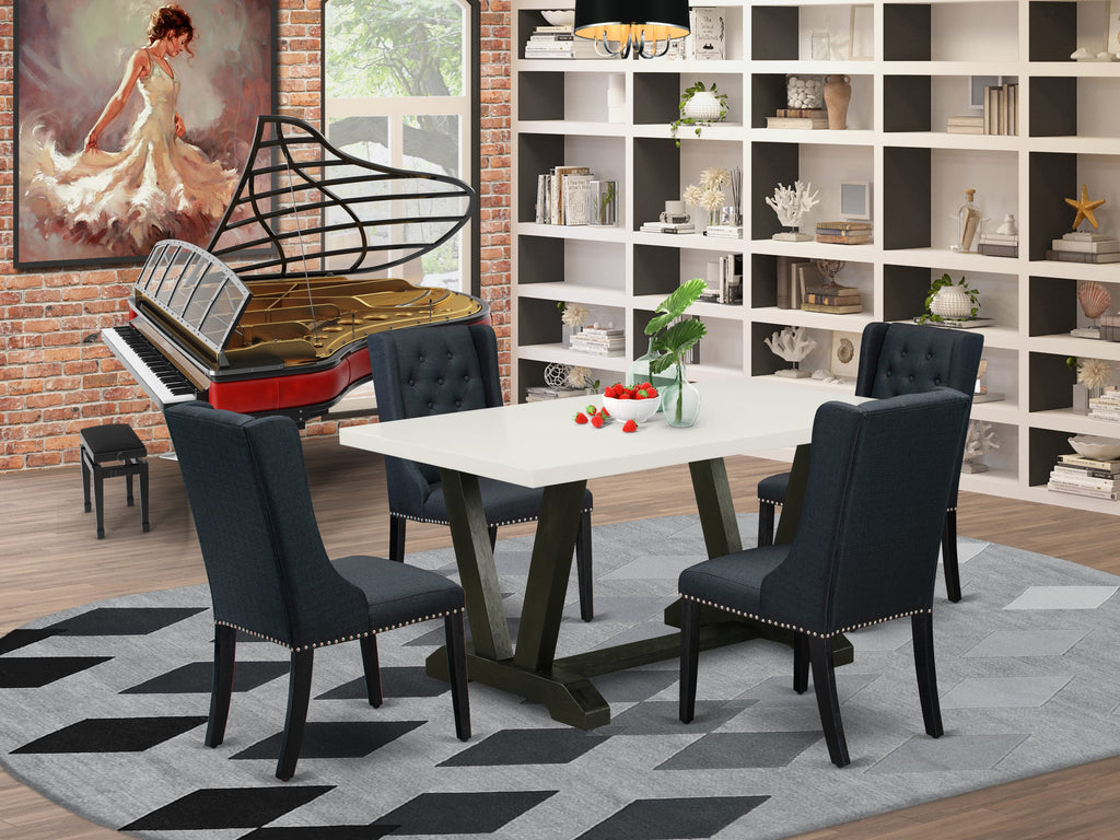 V626FOXTM-Y 5 Pc Dining Set Rectangular Table with V-Legs & 4 Black Linen Parson Chairs, 60 x 36