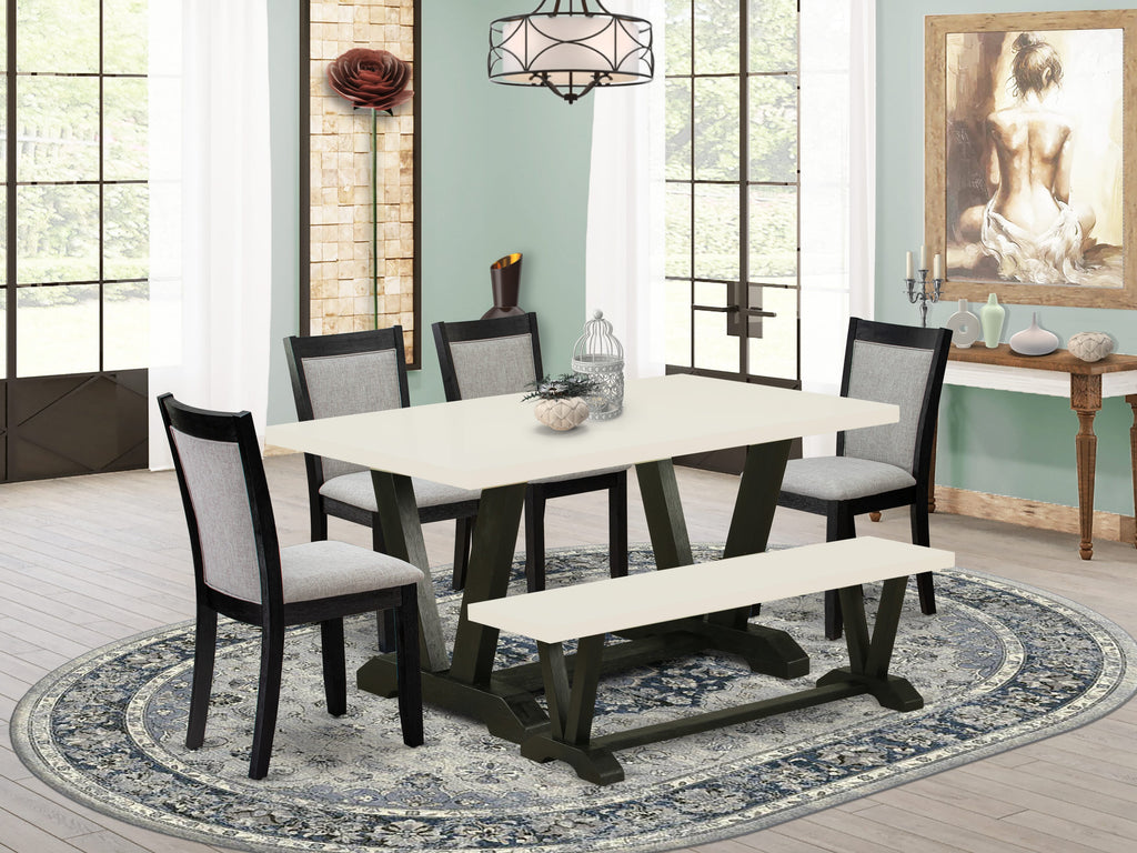 V626MPNOO-D 6 Pc Dining Ensemble V-Leg Rectangular Table & Shitake Parsons, Bench Included, Multi-Color