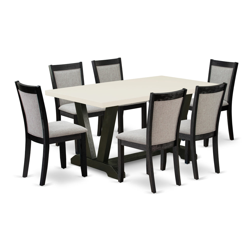 V626MIEOC-T 7-Piece Dining Ensemble with Rectangle Table, V-Legs & Shitake Upholstered Chairs