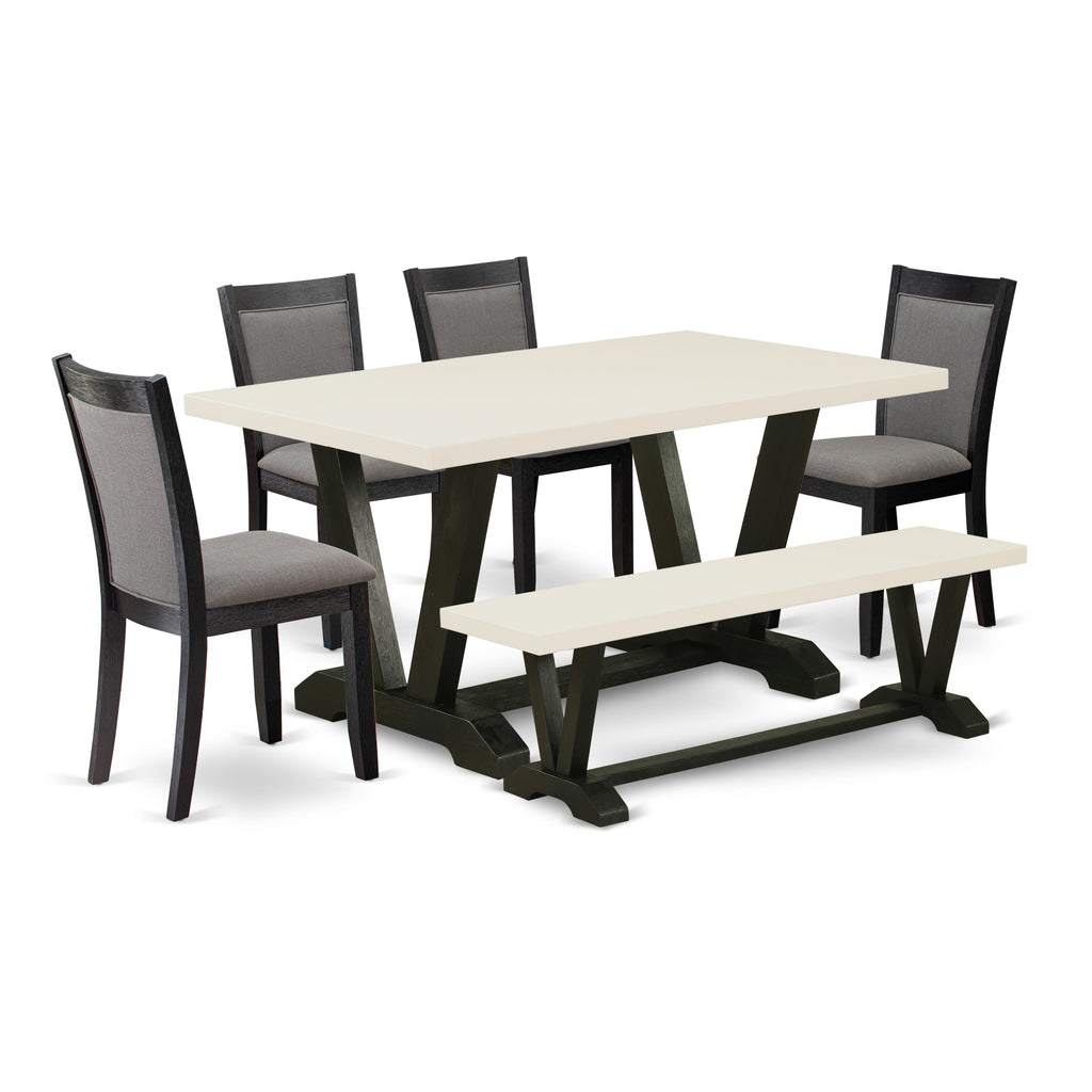 V626MBLOX-7 Multi-Piece Dine Set Featuring Rectangular Table, 4 Dark Grey Linen Chairs, and Bench