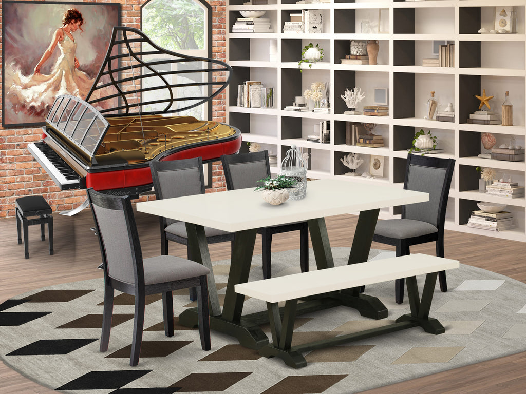 V626MBLOX-7 Multi-Piece Dine Set Featuring Rectangular Table, 4 Dark Grey Linen Chairs, and Bench