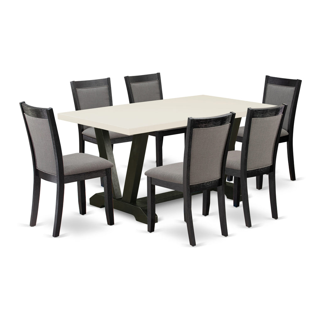 V626M7Z35-W 7-Piece Dining Ensemble with V-Leg Table and Gotham Grey Linen Chairs for a Sophisticated Touch, Multi-Color