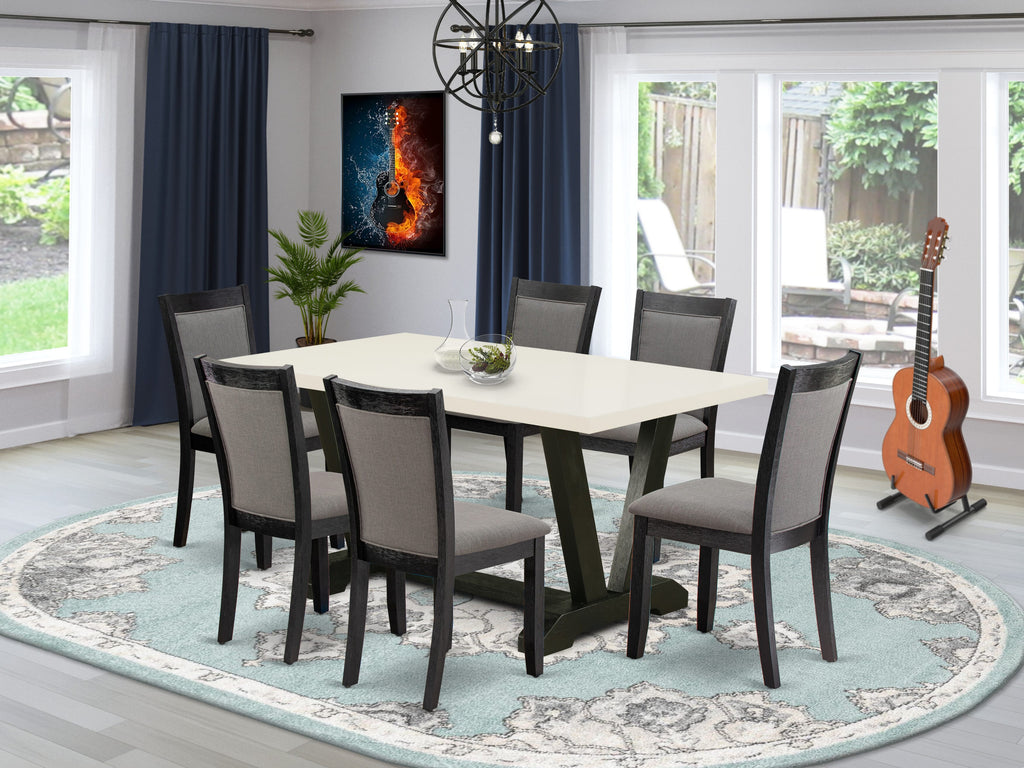 V626M7Z35-W 7-Piece Dining Ensemble with V-Leg Table and Gotham Grey Linen Chairs for a Sophisticated Touch, Multi-Color