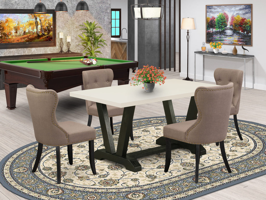 V626S4ETN-F Elegant 5-Piece Ensemble Modern Dining Collection with Coffee Linen Seats, Tufted Chairs, Rectangular Table - White & Black Finish