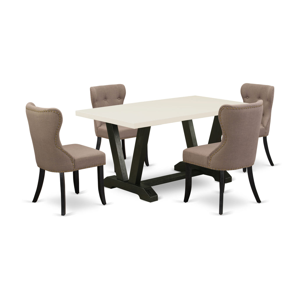 V626S4ETN-F Elegant 5-Piece Ensemble Modern Dining Collection with Coffee Linen Seats, Tufted Chairs, Rectangular Table - White & Black Finish