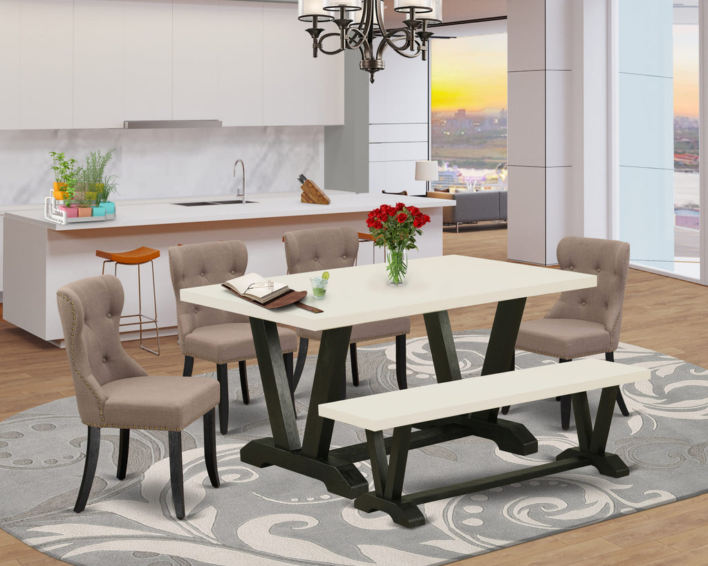 V626SJMB8-O 6-Piece Dining Ensemble Set in Coffee Linen Fabric Upholstery with Button Tufted Chairs, Dining Bench and Rectangular Hardwood Table - Linen White & Wirebrushed Black