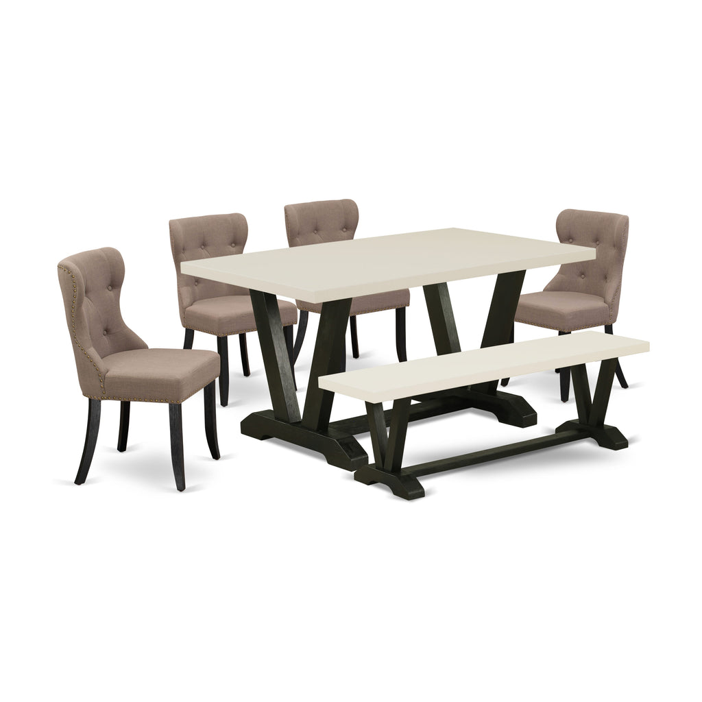 V626SJMB8-O 6-Piece Dining Ensemble Set in Coffee Linen Fabric Upholstery with Button Tufted Chairs, Dining Bench and Rectangular Hardwood Table - Linen White & Wirebrushed Black