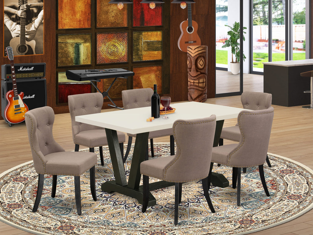 V626S79TZ-N 7-Piece Dining Set with Coffee Linen and Button-Tufted Seating, Solid Wood Table