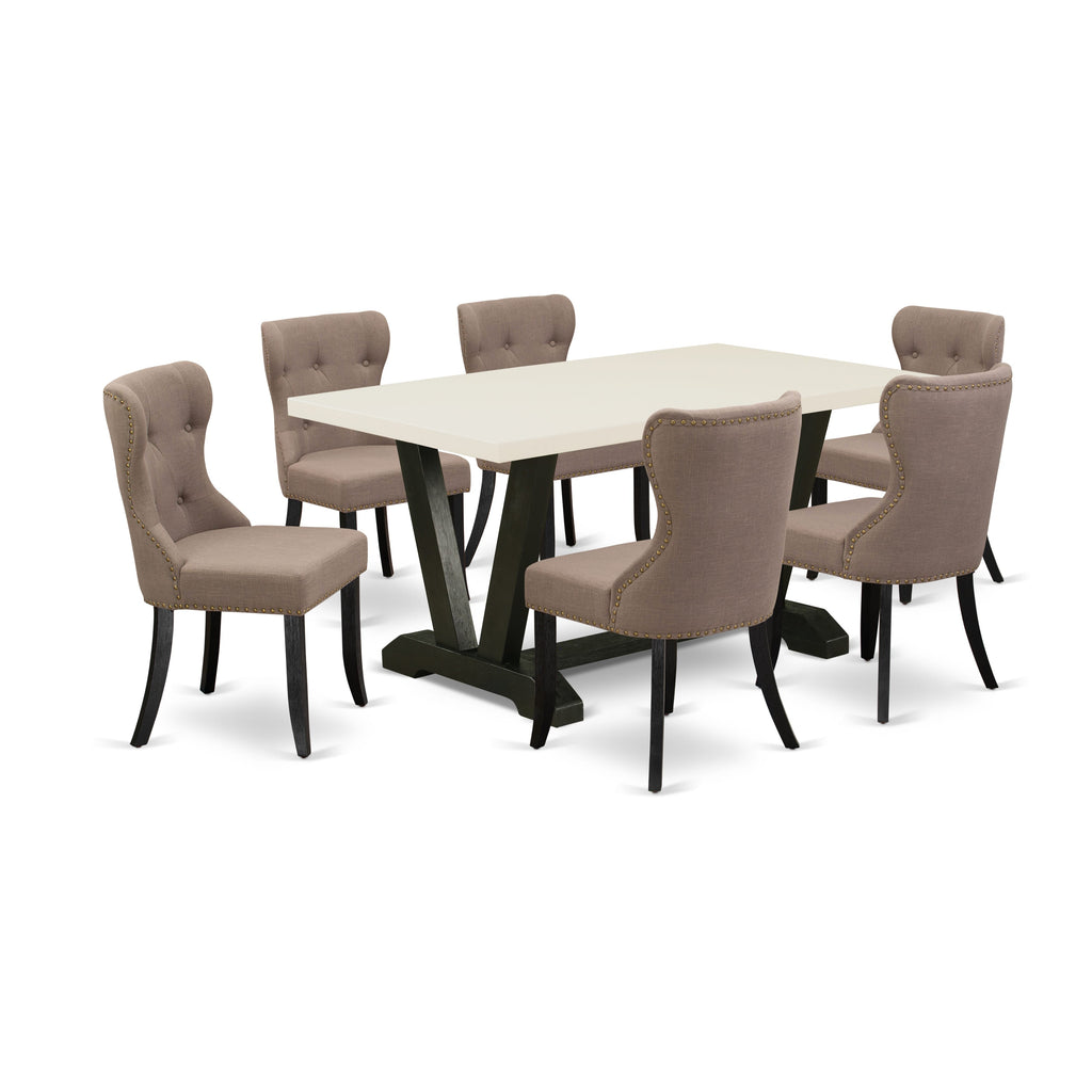 V626S79TZ-N 7-Piece Dining Set with Coffee Linen and Button-Tufted Seating, Solid Wood Table