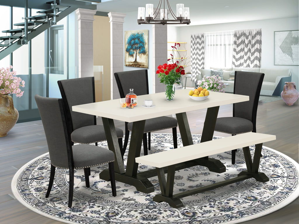 V626VOO4H-8 Modern Dining Ensemble 36x60 Rectangle Table with Stylish V-Legs, 4 Parson Chairs, and Cozy Bench