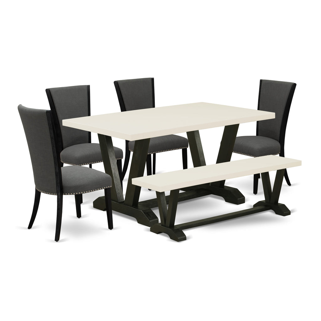 V626VOO4H-8 Modern Dining Ensemble 36x60 Rectangle Table with Stylish V-Legs, 4 Parson Chairs, and Cozy Bench