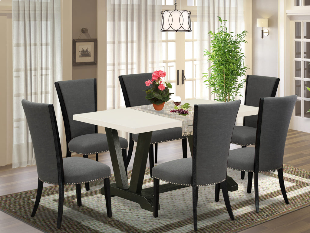 V626VAHBV-F 7-Piece Dining Ensemble with Rectangular Table and Parson Chairs, Wirebrushed Black & Linen White