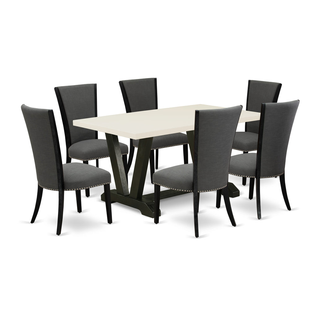 V626VAHBV-F 7-Piece Dining Ensemble with Rectangular Table and Parson Chairs, Wirebrushed Black & Linen White