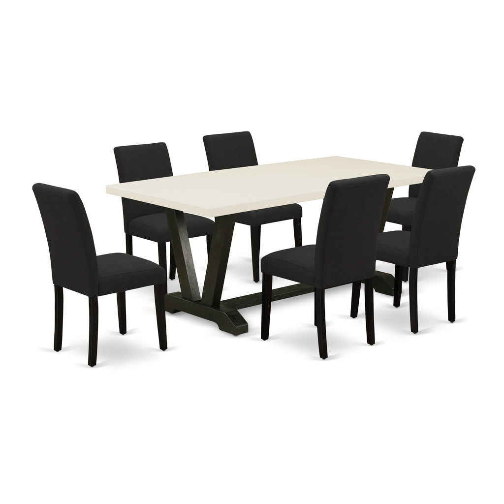 V627AVMIA-N 7-Piece Modern Dining Set with Rectangular Wooden Table & Black Parsons Chairs