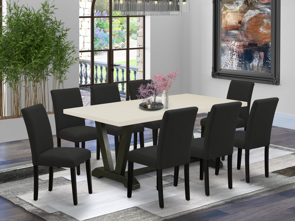 V627A2ZRC-F 9-Piece Dining Ensemble with Rectangular Table and 8 Black Parsons Chairs, Multi-shade