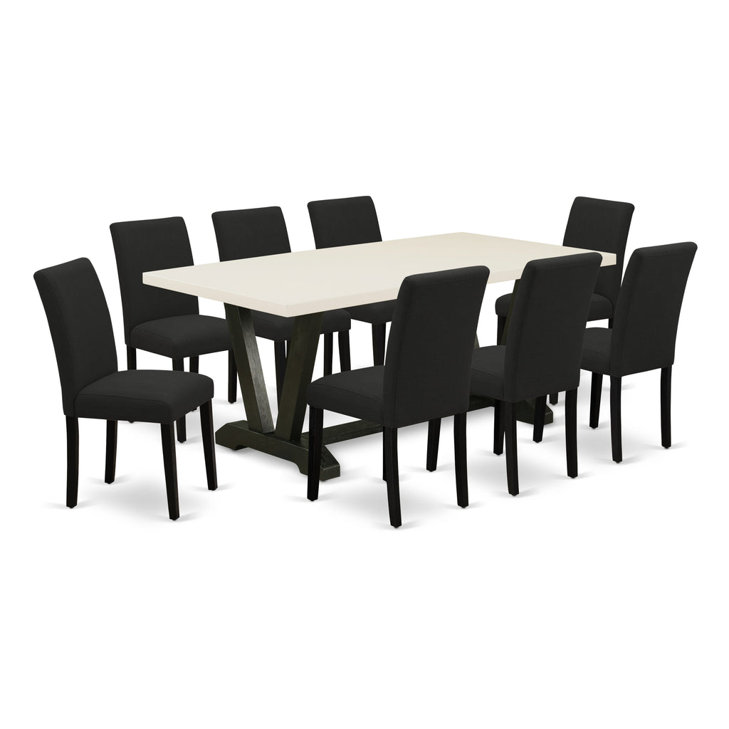 V627A2ZRC-F 9-Piece Dining Ensemble with Rectangular Table and 8 Black Parsons Chairs, Multi-shade