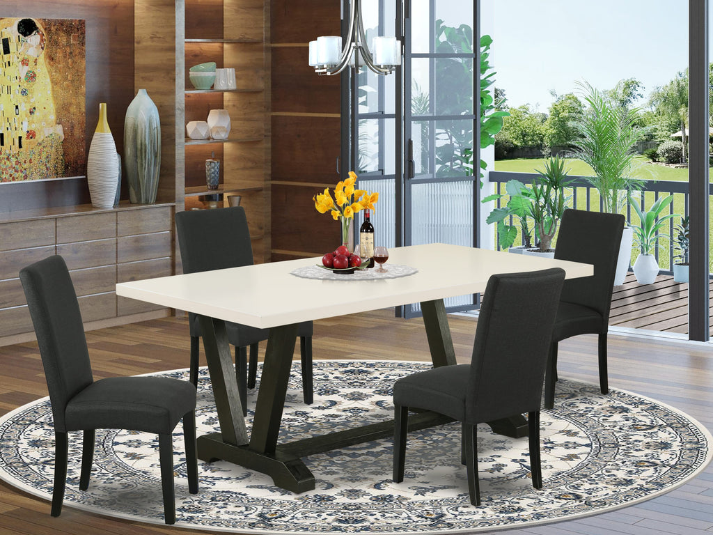 V627D2KRU-V Versatile Dining Ensemble 5-Piece Rectangular Table with V-Legs and Black Upholstered Chairs, Multi-Color