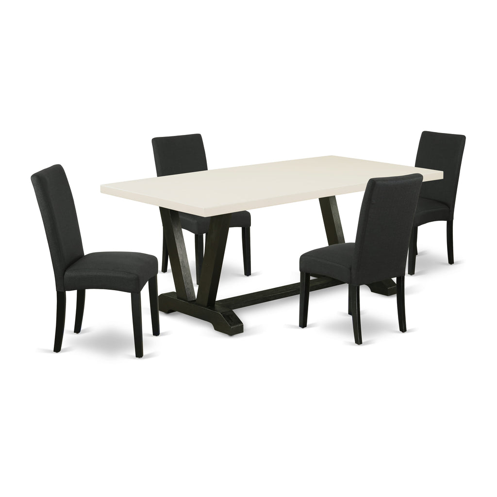 V627D2KRU-V Versatile Dining Ensemble 5-Piece Rectangular Table with V-Legs and Black Upholstered Chairs, Multi-Color